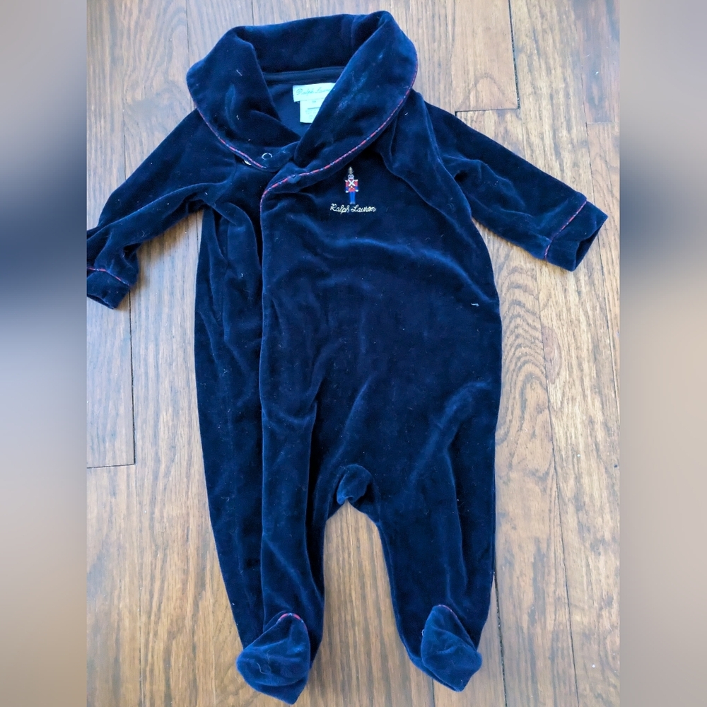 Ralph Lauren Velvet Christmas Footed Onesie 3M blue